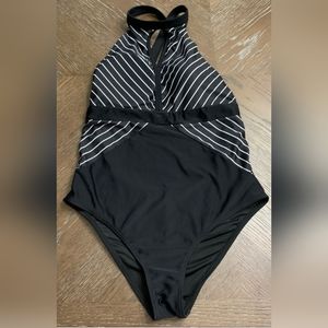 Black and white striped halter one piece swim